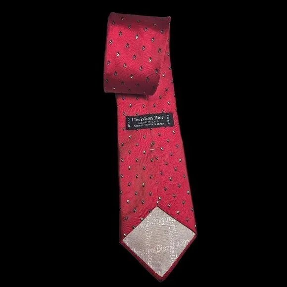 60s Christian Dior Red Silk Necktie Small Gray Pattern 3.25 " Wide Mens Tie - Picture 2 of 6